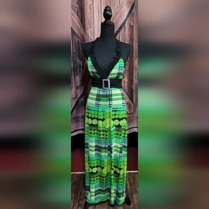 Body Central Green Black White Circles Tie Back Halter Maxi Style Dress